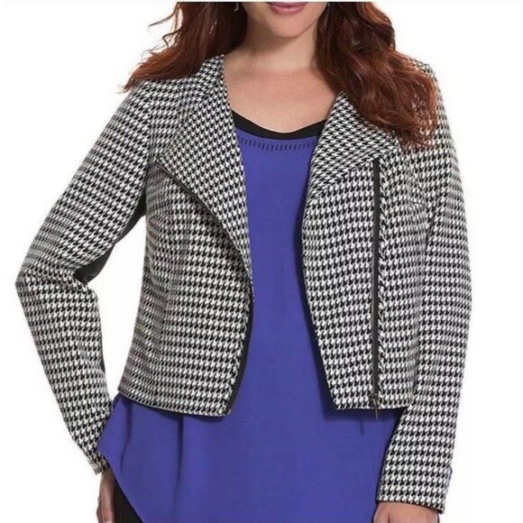 Lane Bryant Blazer Jacket Womens 28 Black White Houndstooth Asymmetric Zip - Picture 1 of 6